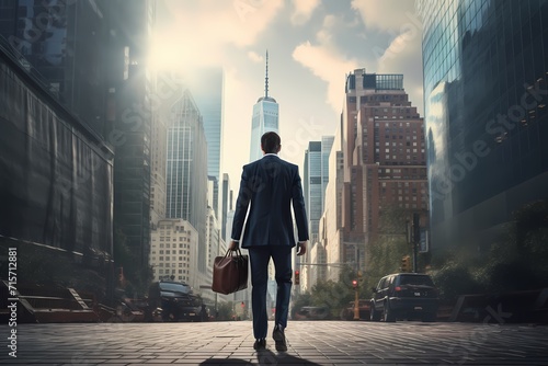 A person wearing a suit, carrying a briefcase, and walking towards a financial district.