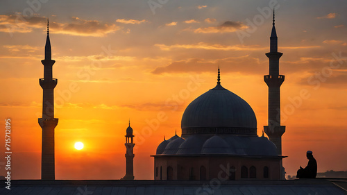 Man sitting outside mosque/masjid  praying and making dua at sunset sunrise photo photo