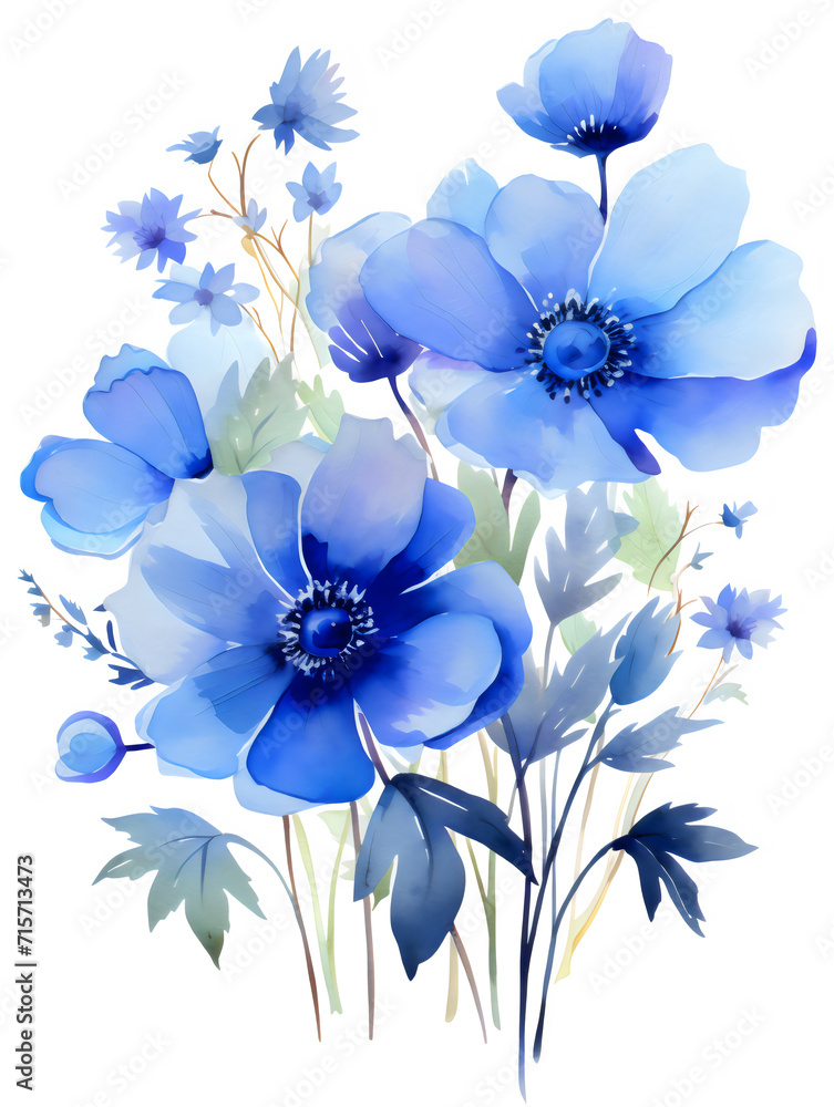 Botanical Illustration of Blue Blossoms in Watercolors Botanical Illustration of Blue Blossoms in Watercolors