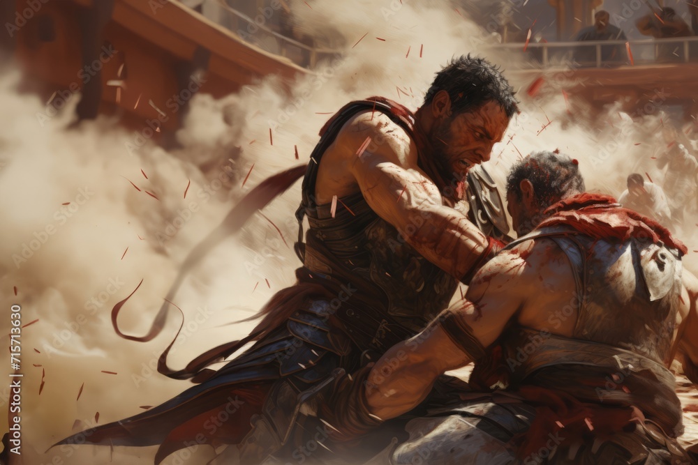 In the arena's brutal spectacle, gladiators engage in a fierce and bloody battle, showcasing ancient combat prowess.Generated image