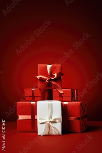 Minimalist White Gift Boxes - Shiny Red Ribbons on Red Background, Valentine's Day Concept © Ivy