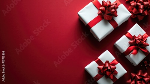 Minimalist White Gift Boxes - Shiny Red Ribbons on Red Background, Valentine's Day Concept