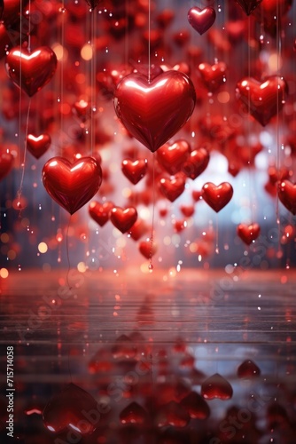 Heart-Shaped Balloons in Glossy Red - Romantic Panoramic Scene with Bokeh Lights, Valentine's Day Concept