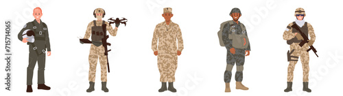 Military man characters wearing various uniform holding different weapon set isolated on white