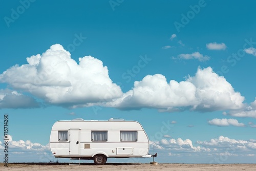 Summer Vacation in England: White Caravan at Trailer Park with Blue Sky and Cloudscape