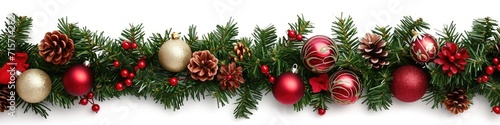 Christmas Garland Border with Festive Ornaments on White Background