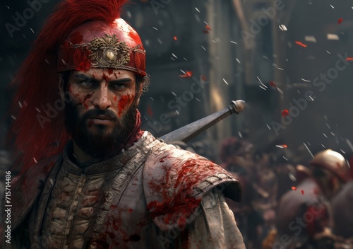 In the aftermath of the battle for Constantinople, an Ottoman soldier displays a bloodied face, bearing the scars of conquest.Generated image