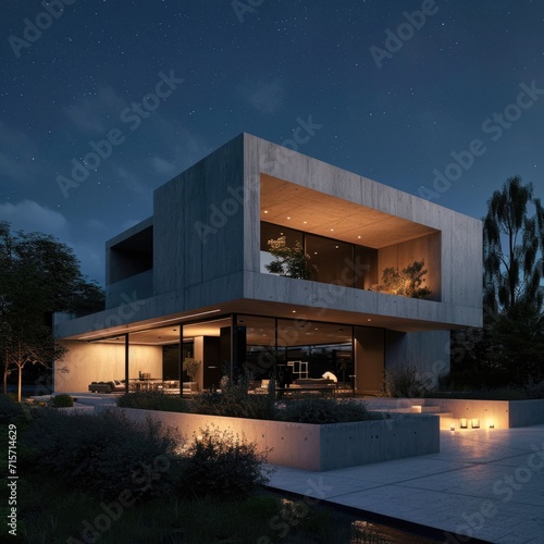 Modern Architectural Masterpiece: Luxury Home Illuminated at Night © AIGen