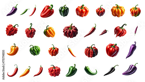 set of many types of pepper. Hot chilly isolated pepper collection. Pen tool cutout. Transparent background PNG. Red pepper, green pepper, orange pepper, black pepper, purple pepper.  photo