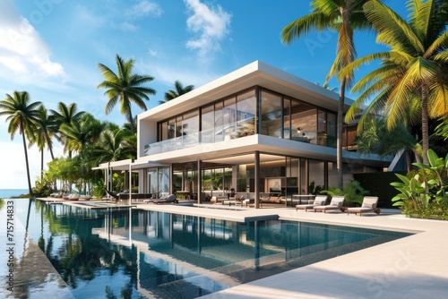 Minimalist Luxury Villa: Modern Design Amid Palm Trees and Infinite Pool © AIGen