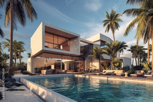 Minimalist Luxury Villa: Modern Cubic Beach House with Pool and Palm Trees © AIGen