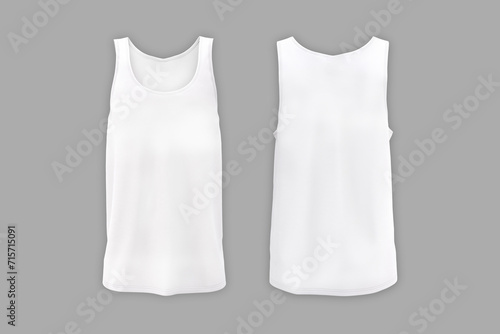 Men's blank white sleeveless tank in front and back views. illustration with realistic male shirt template. Fully editable handmade mesh. 3d rendering used as mock up for prints or logo design.