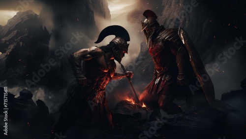 In a fierce clash, two Spartan warriors engage in a battle of valor and determination amidst the dark, foreign fiery mountains.Generated image photo