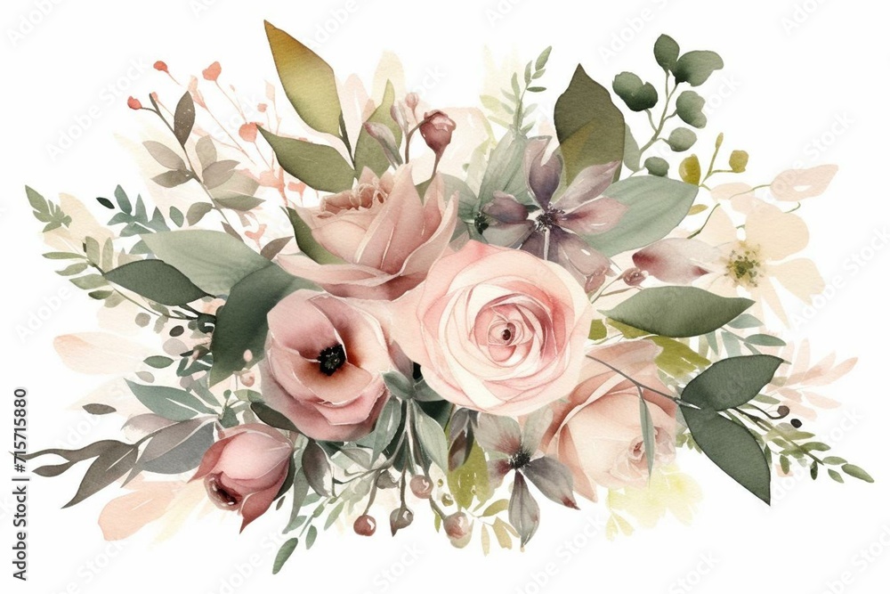 Arrangement adorned with pale pink watercolor blossoms and eucalyptus foliage. Generative AI