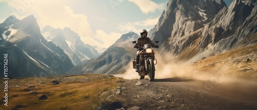 Motorcycle. Professional motorbike rider, riding with high speed in the mountains. Way. Concept of motosport, speed, hobby, journey, activity. Motorcyclist riding on mountain road at sunset. Sport