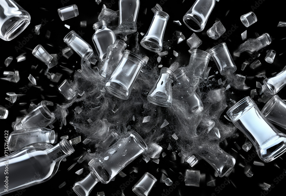 Bottles crushing on a black background. Glasses Explosion. Bottles crushing on a black background. Glasses Explosion.