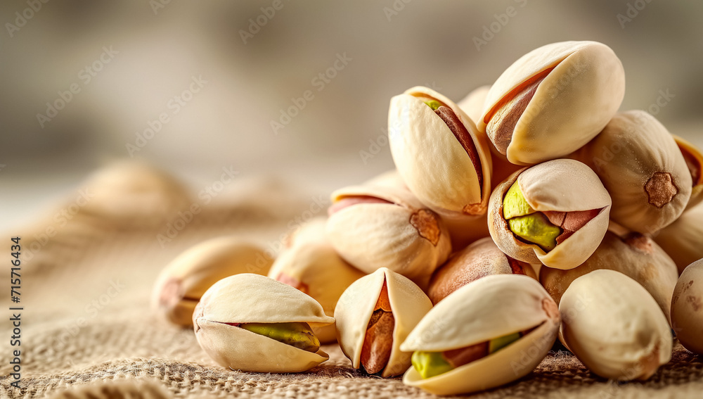 A pile of pistachio nuts on a textured surface with a blurred background. Some of the nuts are opened, revealing the green nut inside. 
