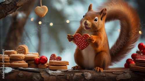 A squirrel is holding a cookie in the shape of a heart