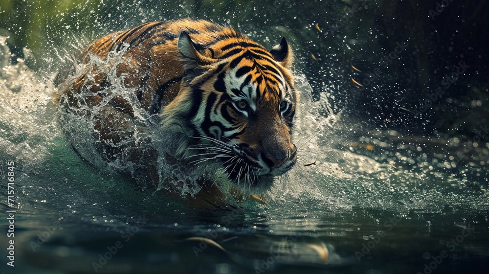 Tigers running in the water