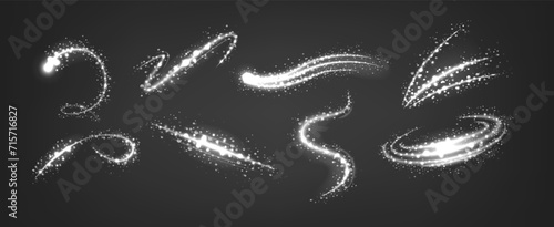 Sparkling Light Waves, Vector Black and White Graphic Elements. Energy, Fluidity, And Luminosity Dynamic Curve Lines