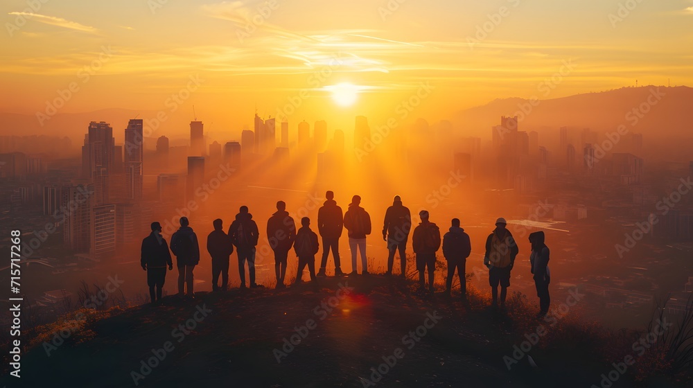 group of people on sunset, a group of people standing on top of a hill looking at the sun setting over a cityscape