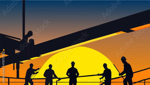 Workers carrying heavy steel beams. vektor illustation