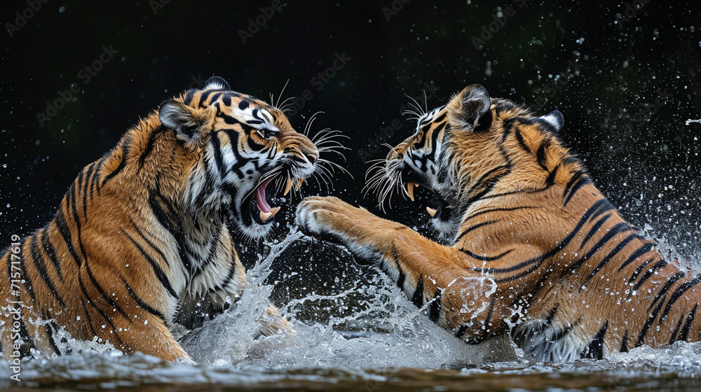 Two tigers fighting in the water