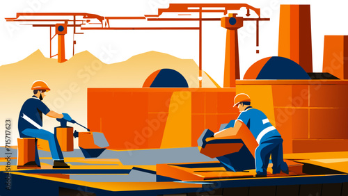 Workers pouring cement into molds. vektor illustation