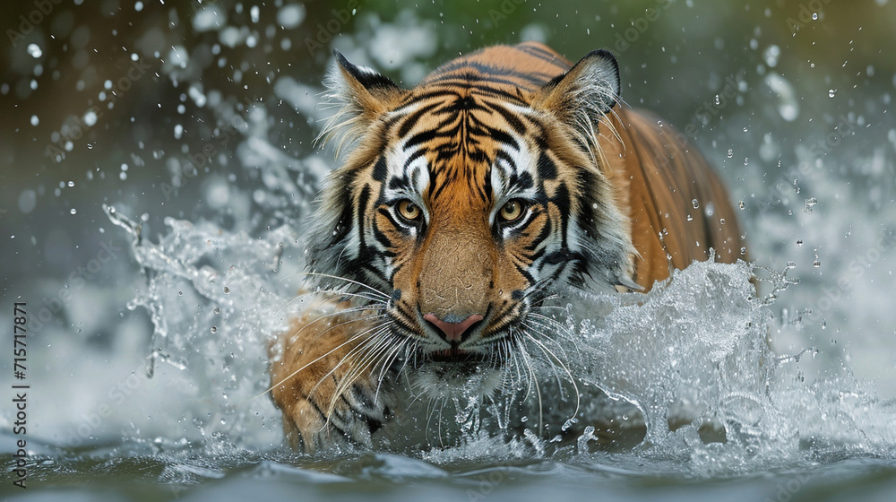 Tigers running in the water