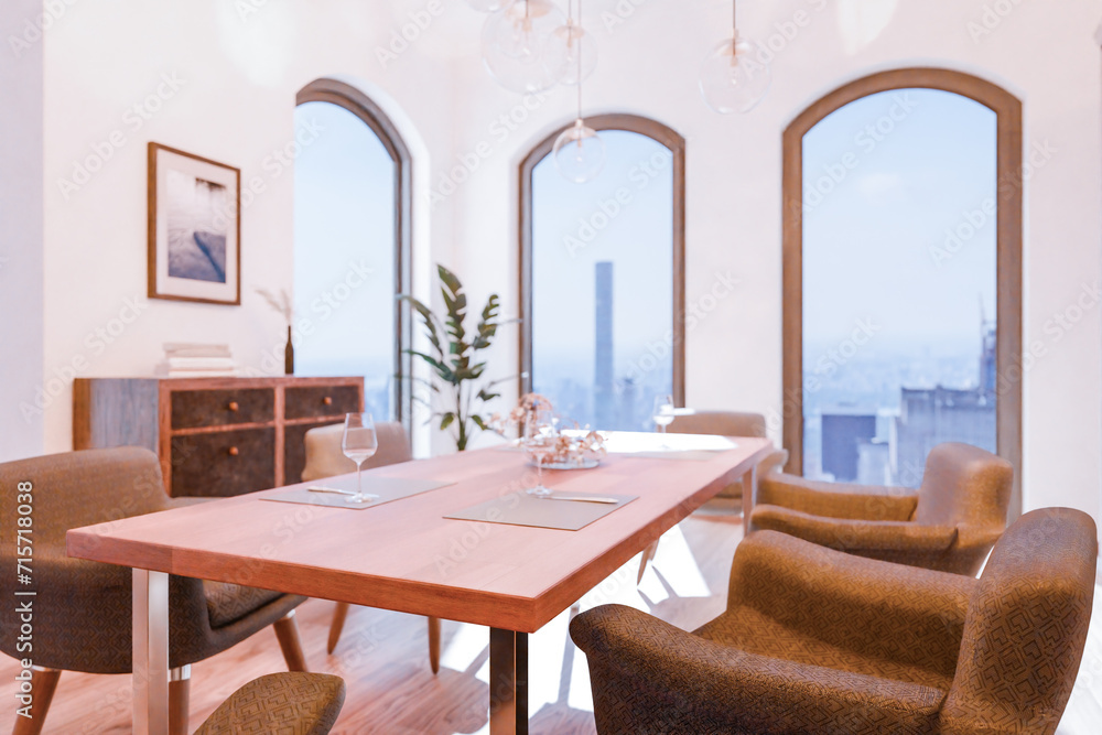 Obraz premium comfortable and modern dining and living room interior; rural design; bright sunlightl in ; 3D rendering