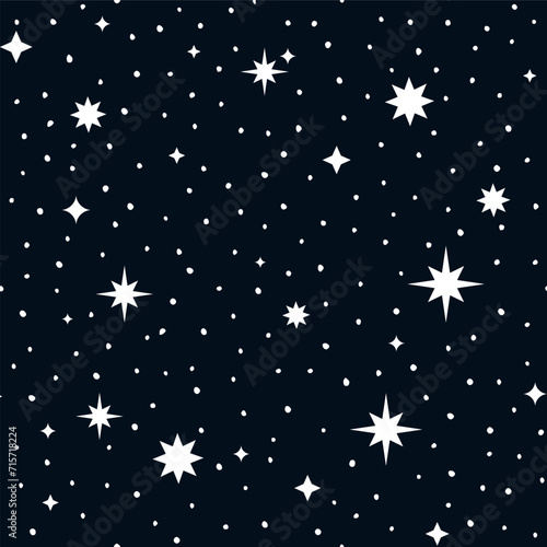 Celestial Sky Pattern with Sparkle Stars. Vector Seamless Texture. Starry Night Background.