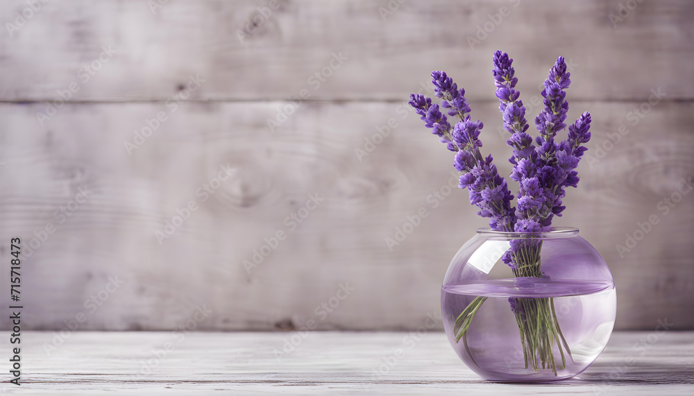 Beautiful lavender in round glass vase on old white wooden background. Beautiful lavender in round glass vase on old white wooden background.