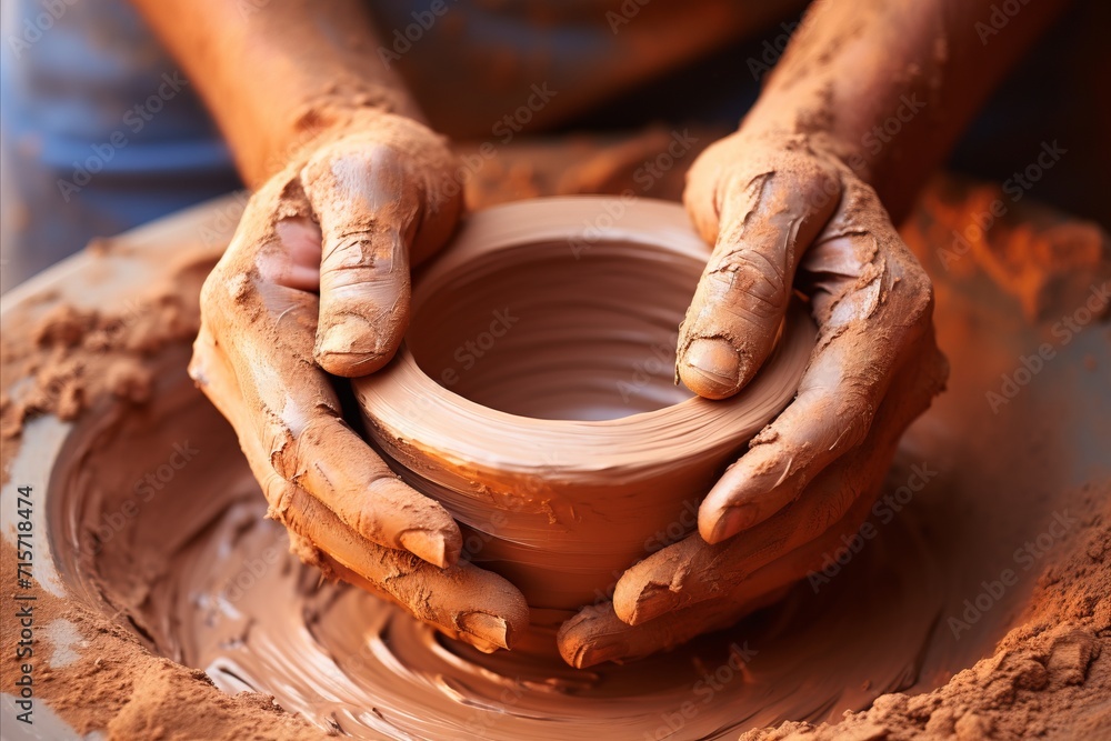 Potter s hands shaping vibrant textured clay illuminated by bright natural light