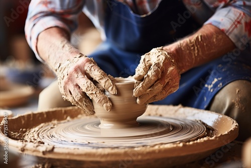 Potter expertly shaping vibrant, textured clay, illuminated by bright natural light