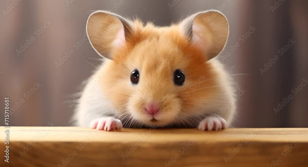 A curious golden hamster peers over the edge of a wooden table. A curious golden hamster peers over the edge of a wooden table.