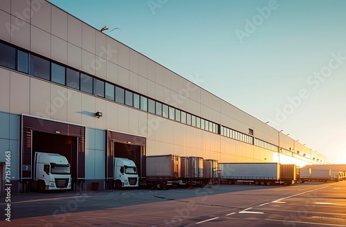 Contrasting Presence - Warehouse with Trucks Parked Outside in Dark White and Light White Industrial Building Exterior