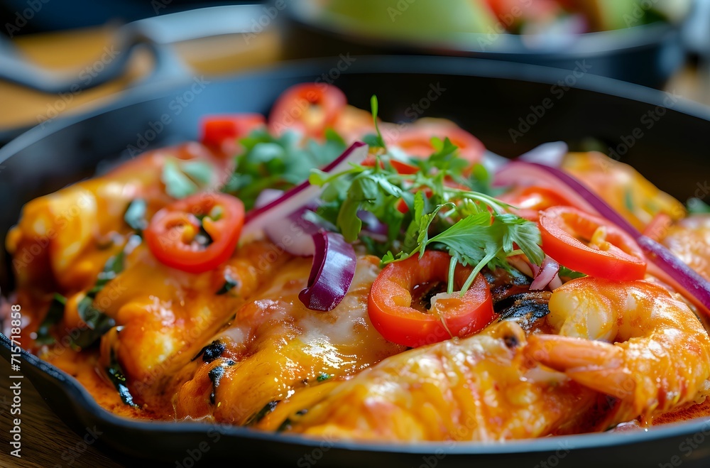 Spanish Seafood Enchilada Paella - A Fusion of Flavors in a Black Iron Pan closeup view Spanish Seafood Enchilada Paella - A Fusion of Flavors in a Black Iron Pan closeup view