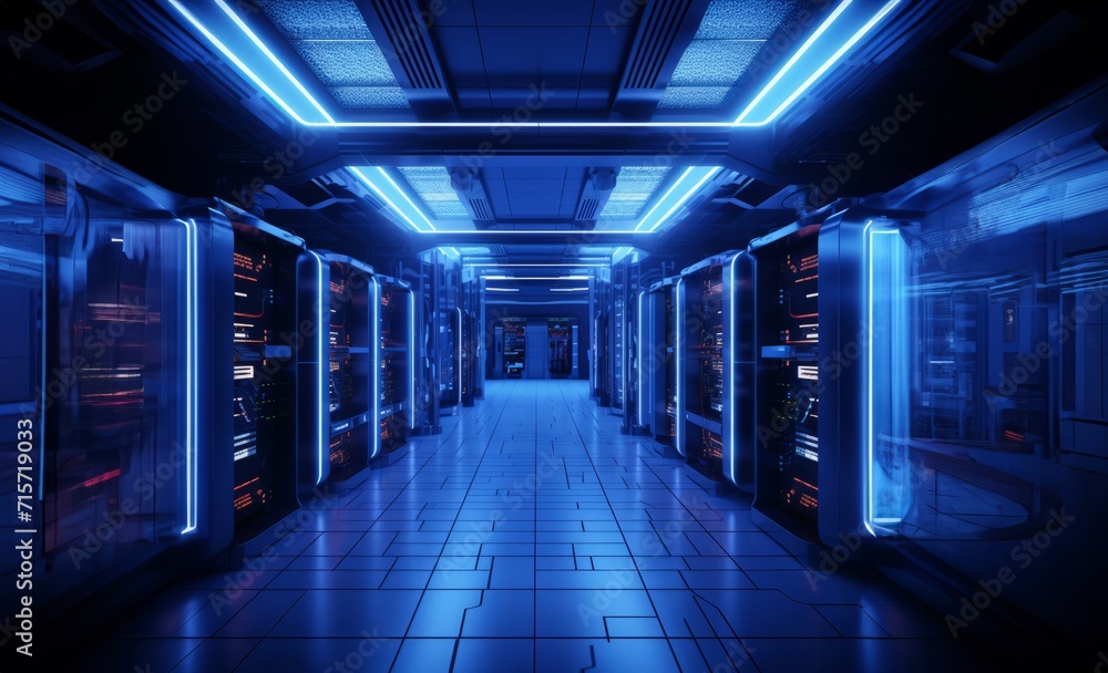 In the modern blue server room, high-tech computers hum with activity, forming the backbone of digital infrastructure.Generated image In the modern blue server room, high-tech computers hum with activity, forming the backbone of digital infrastructure.Generated image