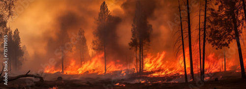Panoramic view of a raging wildfire in a forest at twilight