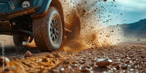 Off road car is driving fast by a dirty road