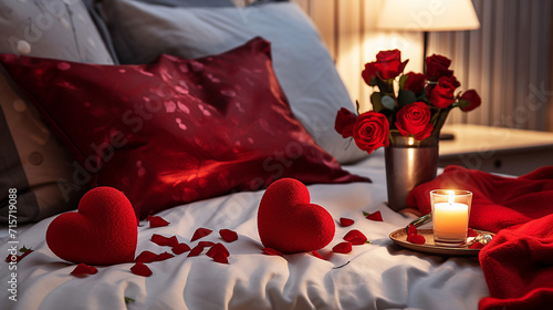 alentines day bedroom concept with red roses and candles photo