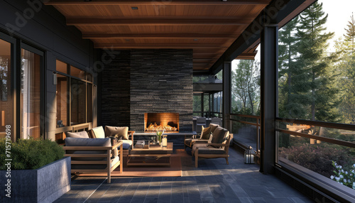 a view of an outdoor patio with fireplace and wood furniture photo
