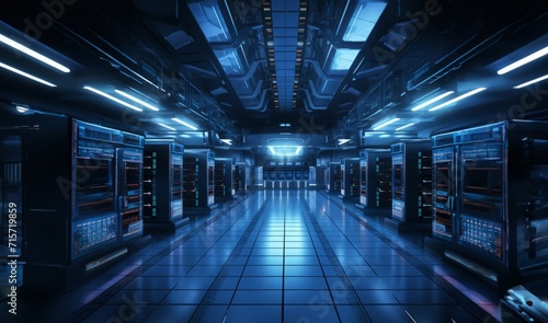 In the modern blue server room, high-tech computers hum with activity, forming the backbone of digital infrastructure.Generated image photo