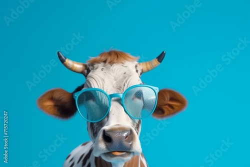 Humorous bovine wearing shades against a blue studio backdrop. Generative AI