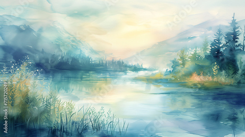 Serene Watercolor Landscape: Misty Mountain Sunrise over Calm Lake with Reflective Waters and Delicate Flora, Peaceful Nature Scene for Relaxation