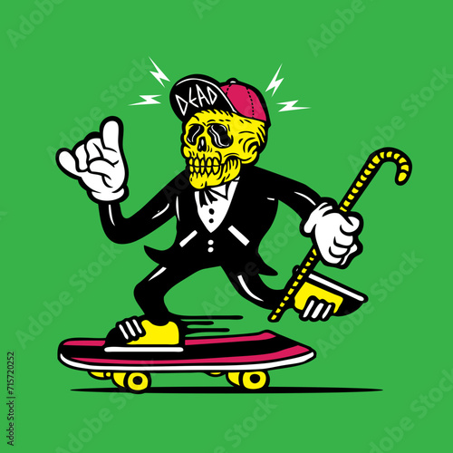 Skateboarding Funky Skull Wearing Snapback in Tuxedo Mascot Character Design Hand Drawing Vector