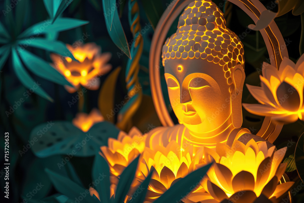 glowing golden buddha decorated with pink lotuses, jungle nature background