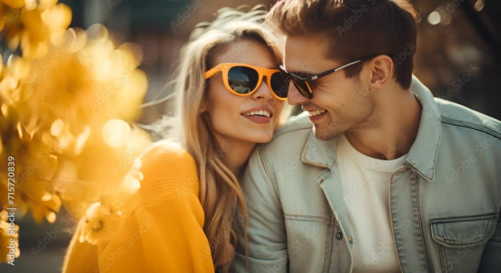 A joyful couple in sunglasses smiling and enjoying a sunny day together outdoors. A joyful couple in sunglasses smiling and enjoying a sunny day together outdoors.