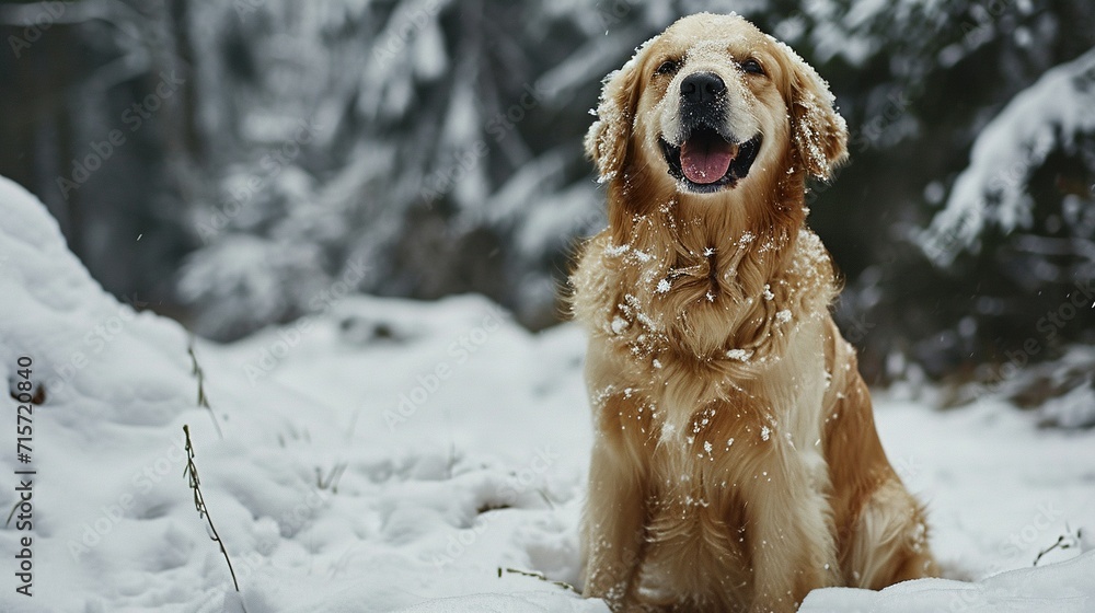 A happy dog sitting on the snow in the park, winter nature and pets. Created with Generative Ai technology.