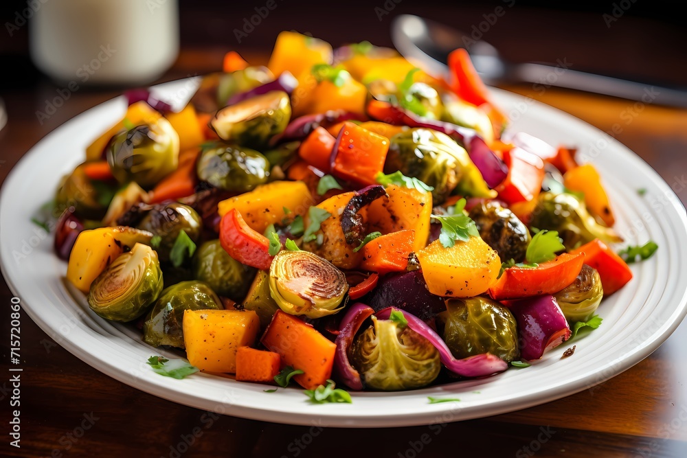 A plate of colorful roasted vegetable medley, featuring tender Brussels sprouts, sweet potatoes, and colorful bell peppers.